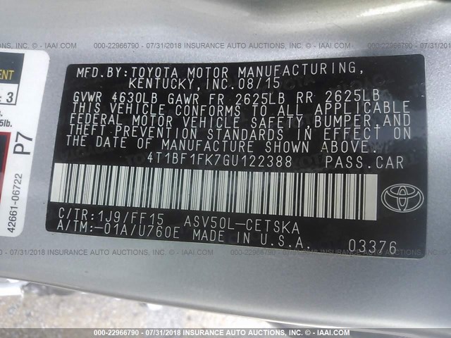 4T1BF1FK7GU122388 - 2016 TOYOTA CAMRY LE/XLE/SE/XSE SILVER photo 9