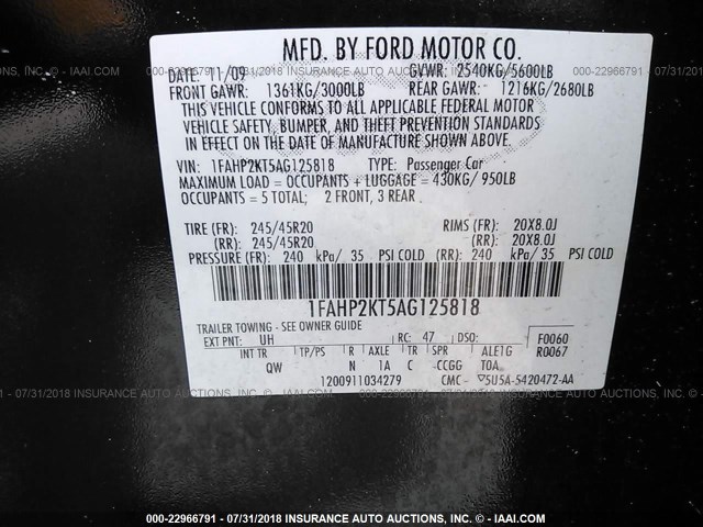 1FAHP2KT5AG125818 - 2010 FORD TAURUS SHO BLACK photo 9