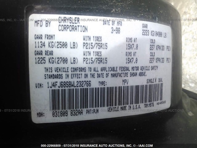 1J4FJ68S8WL232766 - 1998 JEEP CHEROKEE SPORT/CLASSIC მწვანე ფოტო 9