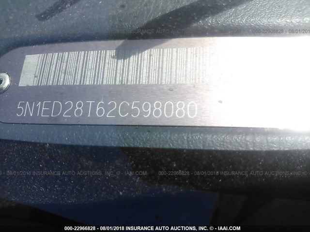 5N1ED28T62C598080 - 2002 NISSAN XTERRA XE/SE SILVER photo 9