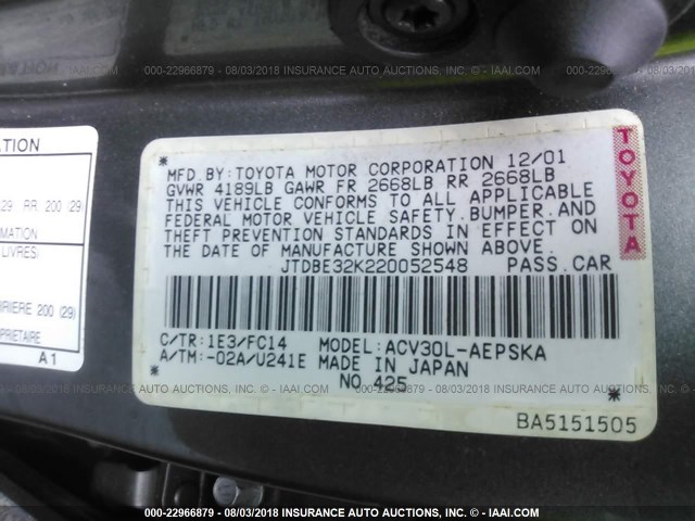 JTDBE32K220052548 - 2002 TOYOTA CAMRY LE/XLE/SE Boz foto 9