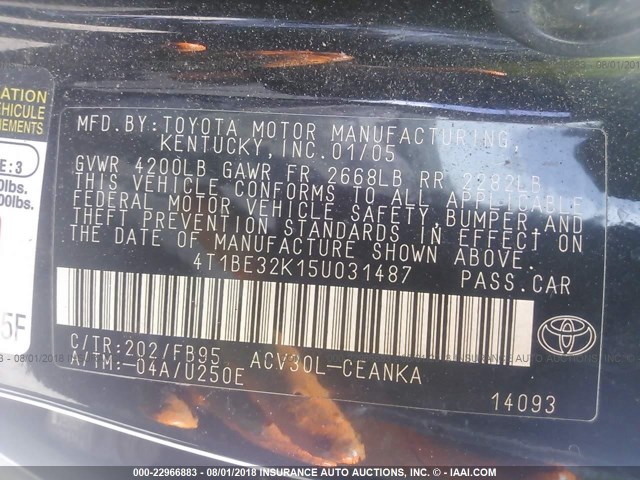 4T1BE32K15U031487 - 2005 TOYOTA CAMRY LE/XLE/SE Qara foto 9