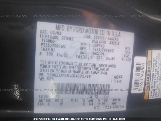 1FMZU73K43UB92789 - 2003 FORD EXPLORER XLT/XLT SPORT/NBX 绿色 照片 9