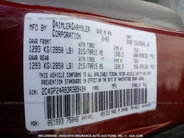 2C4GP24R83R389494 - 2003 CHRYSLER TOWN & COUNTRY  RED photo 9