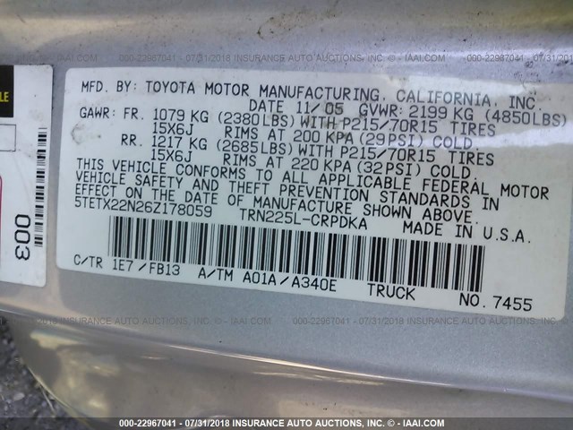 5TETX22N26Z178059 - 2006 TOYOTA TACOMA ACCESS CAB SILVER photo 9