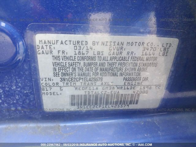 3N1CE2CP1EL425579 - 2014 NISSAN VERSA NOTE S/S PLUS/SV/SL BLUE photo 9