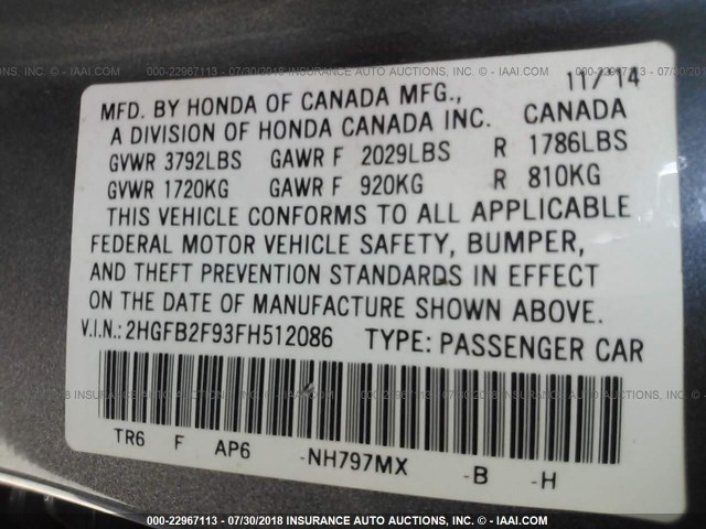 2HGFB2F93FH512086 - 2015 HONDA CIVIC EXL 灰色 照片 9