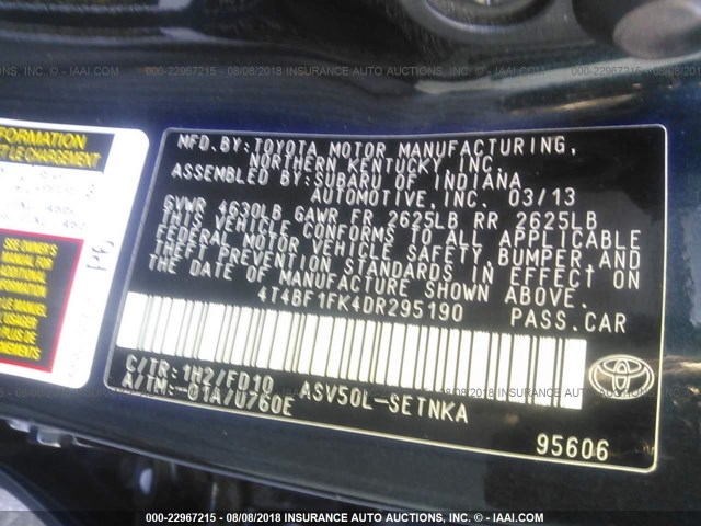 4T4BF1FK4DR295190 - 2013 TOYOTA CAMRY L/SE/LE/XLE 深蓝色 照片 9