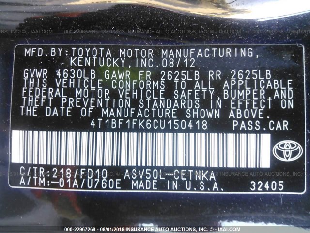 4T1BF1FK6CU150418 - 2012 TOYOTA CAMRY SE/LE/XLE BLACK photo 9