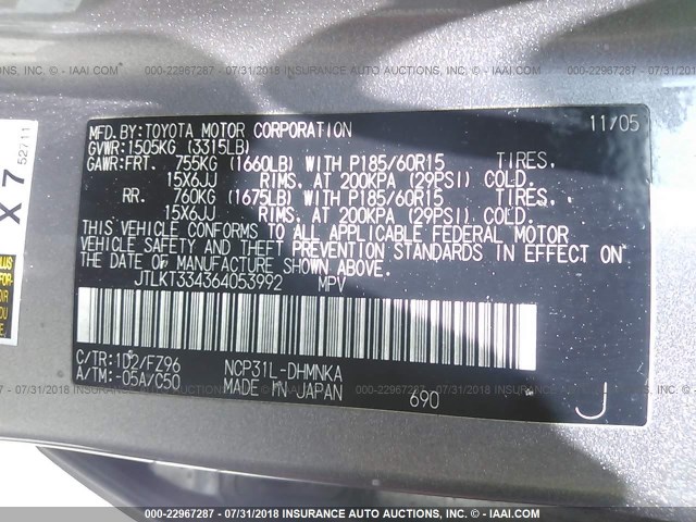 JTLKT334364053992 - 2006 TOYOTA SCION XB Silber Foto 9