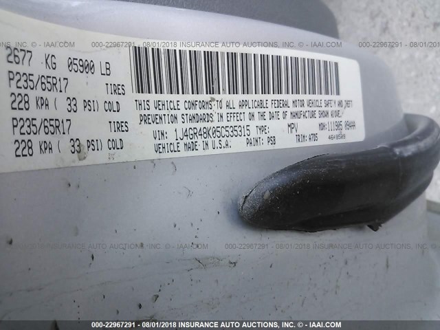 1J4GR48K05C535315 - 2005 JEEP GRAND CHEROKEE LAREDO/COLUMBIA/FREEDOM 银色 照片 9