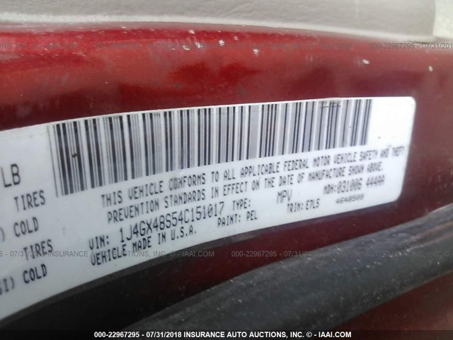 1J4GX48S54C151017 - 2004 JEEP GRAND CHEROKEE LAREDO/COLUMBIA/FREEDOM 红色 照片 9
