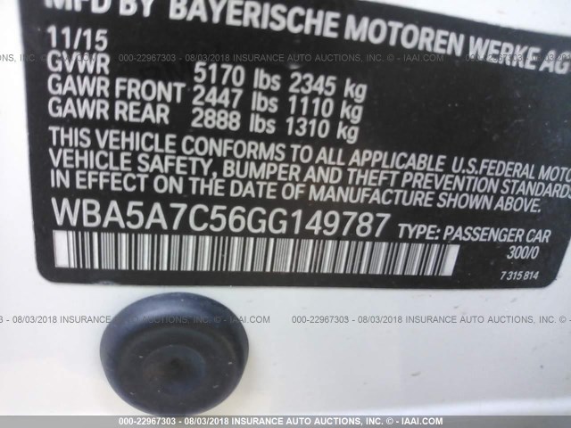 WBA5A7C56GG149787 - 2016 BMW 528 XI WHITE photo 9