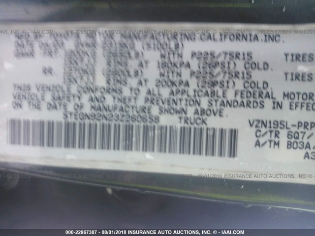 5TEGN92N23Z260658 - 2003 TOYOTA TACOMA DOUBLE CAB PRERUNNER GREEN photo 9