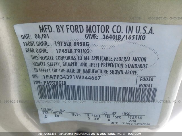 1FAFP34391W344667 - 2001 FORD FOCUS SE/SE SPORT GOLD photo 9