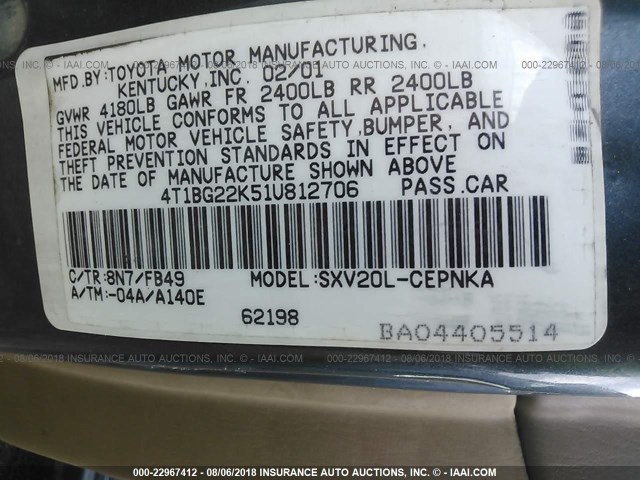 4T1BG22K51U812706 - 2001 TOYOTA CAMRY CE/LE/XLE 绿色 照片 9