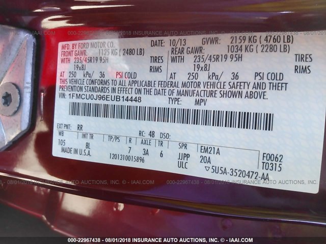 1FMCU0J96EUB14448 - 2014 FORD ESCAPE TITANIUM RED photo 9