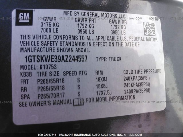 1GTSKWE39AZ244557 - 2010 GMC SIERRA K1500 SLT GRAY photo 9