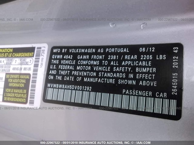 WVWBW8AH5DV001292 - 2013 VOLKSWAGEN EOS KOMFORT/SPORT 银色 照片 9