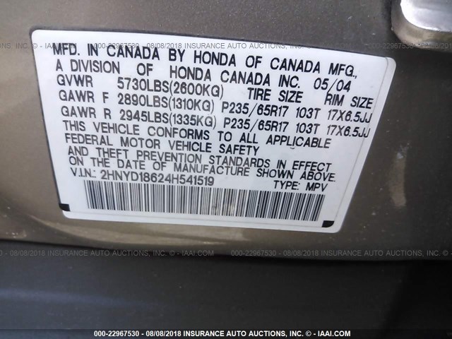 2HNYD18624H541519 - 2004 ACURA MDX TOURING GOLD photo 9