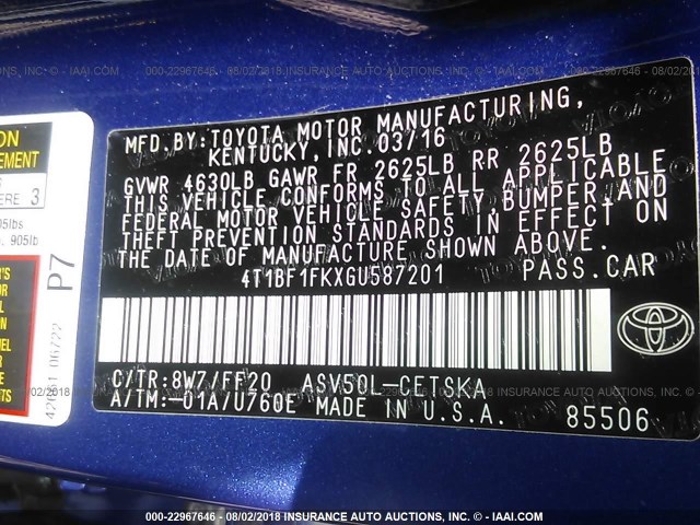 4T1BF1FKXGU587201 - 2016 TOYOTA CAMRY LE/XLE/SE/XSE BLUE photo 9