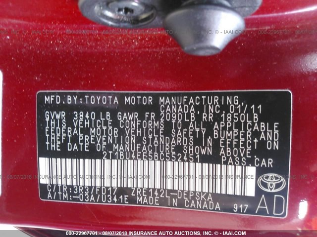 2T1BU4EE5BC552451 - 2011 TOYOTA COROLLA S/LE RED photo 9