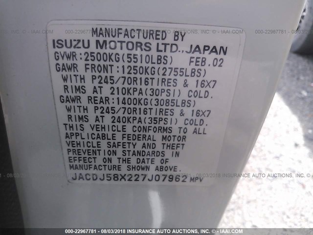 JACDJ58X227J07962 - 2002 ISUZU TROOPER S/LS/LIMITED 白色 照片 9