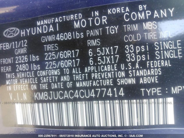 KM8JUCAC4CU477414 - 2012 HYUNDAI TUCSON GLS/LIMITED 蓝色 照片 9