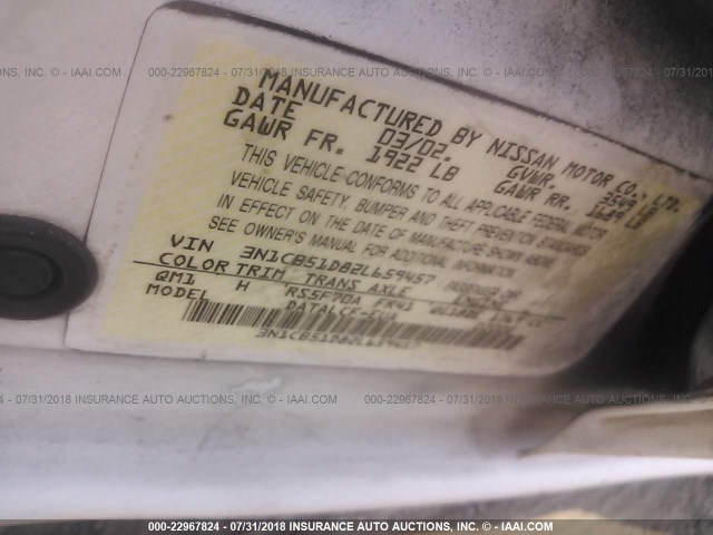 3N1CB51D82L659457 - 2002 NISSAN SENTRA XE/GXE WHITE photo 9