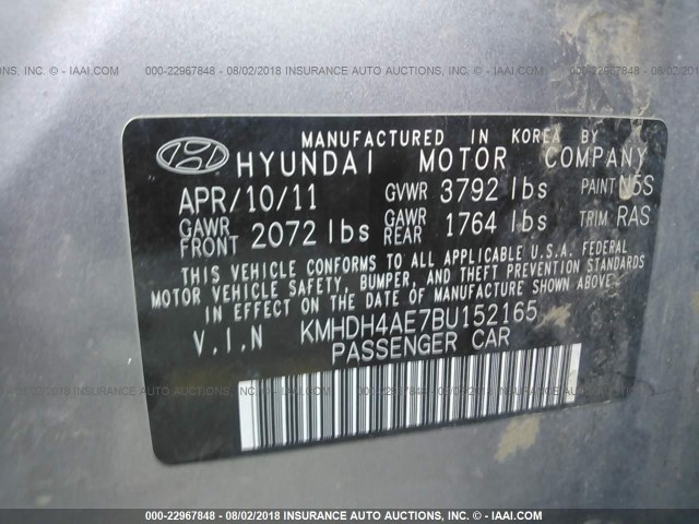 KMHDH4AE7BU152165 - 2011 HYUNDAI ELANTRA GLS/LIMITED GRAY photo 9