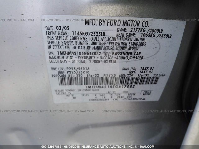 1MEHM42185G617082 - 2005 MERCURY MONTEGO PREMIER SILVER photo 9