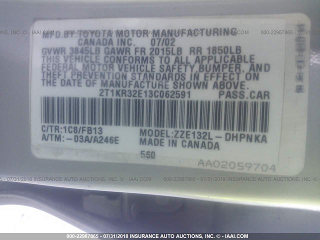 2T1KR32E13C062591 - 2003 TOYOTA COROLLA MATRIX XR SILVER photo 9