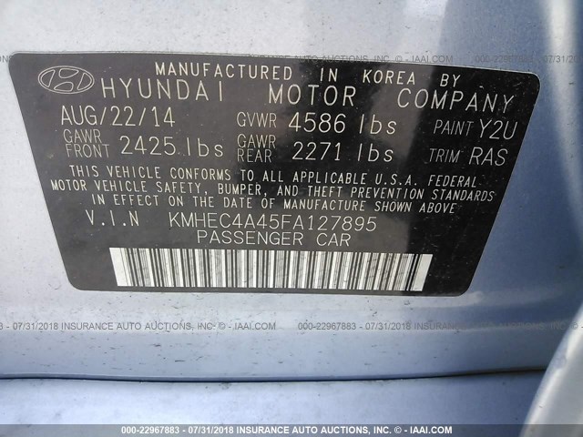 KMHEC4A45FA127895 - 2015 HYUNDAI SONATA HYBRID/LIMITED BLUE photo 9