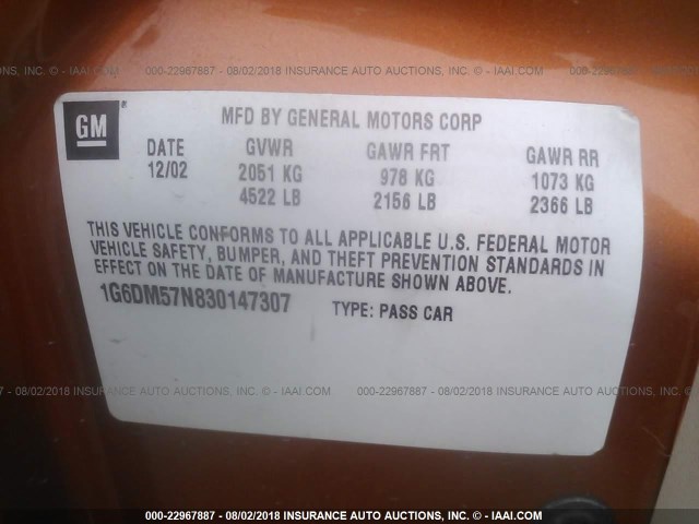 1G6DM57N830147307 - 2003 CADILLAC CTS ORANGE photo 9