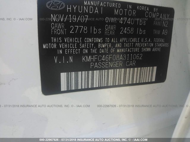 KMHFC46F08A311062 - 2008 HYUNDAI AZERA SE/LIMITED WHITE photo 9