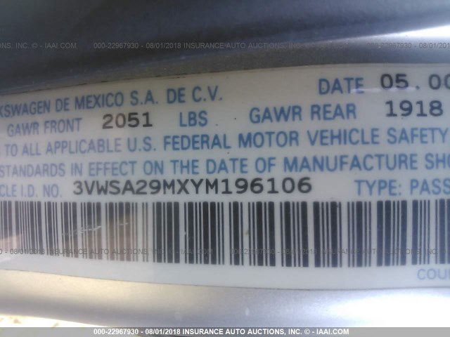 3VWSA29MXYM196106 - 2000 VOLKSWAGEN JETTA GLS SILVER photo 9