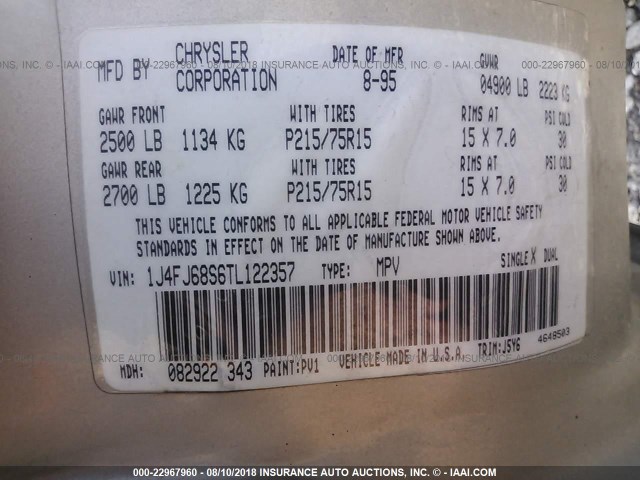 1J4FJ68S6TL122357 - 1996 JEEP CHEROKEE SPORT/CLASSIC თაფლისფერი ფოტო 9