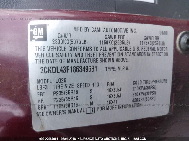 2CKDL43F186349681 - 2008 PONTIAC TORRENT BURGUNDY photo 9