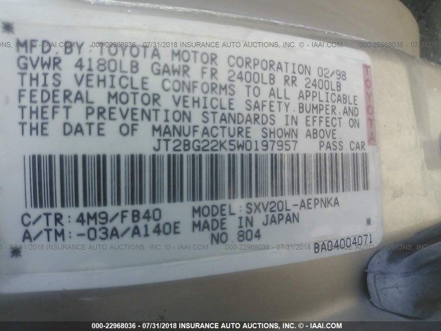 JT2BG22K5W0197957 - 1998 TOYOTA CAMRY CE/LE/XLE 棕色 照片 9