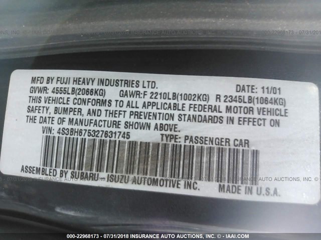 4S3BH675327631745 - 2002 SUBARU LEGACY OUTBACK AWP 蓝色 照片 9