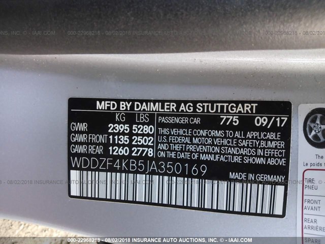 WDDZF4KB5JA350169 - 2018 MERCEDES-BENZ E 300 4MATIC SILVER photo 9