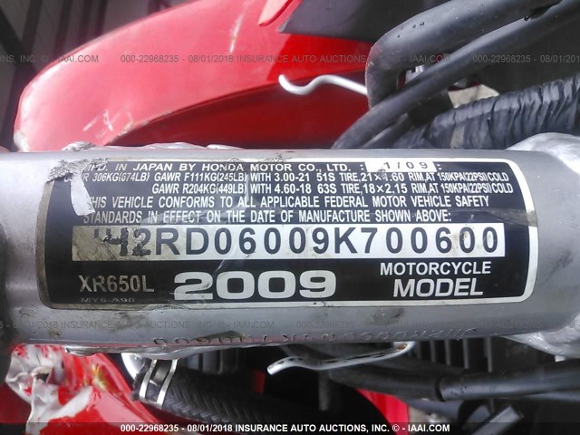 JH2RD06009K700600 - 2009 HONDA XR650 L RED photo 10