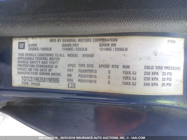 1GTCS196358190986 - 2005 GMC CANYON BLUE photo 9