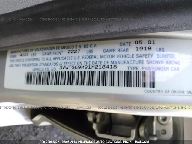 3VWTG69M91M218418 - 2001 VOLKSWAGEN JETTA GLX SILVER photo 9