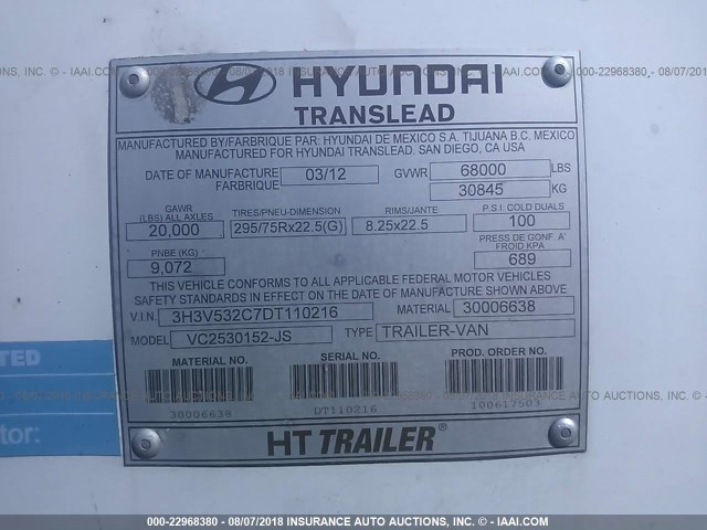 3H3V532C7DT110216 - 2013 HYUNDAI STEEL INDUSTRIES VAN  Սպիտակ լուսանկար 9