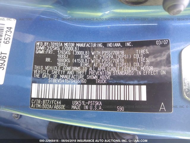 5TBEV54157S455160 - 2007 TOYOTA TUNDRA CREWMAX SR5 BLUE photo 9