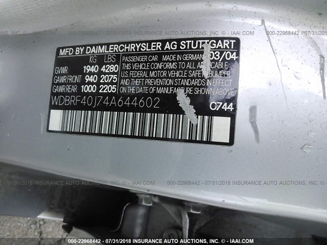 WDBRF40J74A644602 - 2004 MERCEDES-BENZ C 230K SPORT SEDAN SILVER photo 9