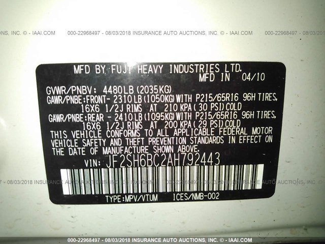 JF2SH6BC2AH792443 - 2010 SUBARU FORESTER XS Ақ фото 9