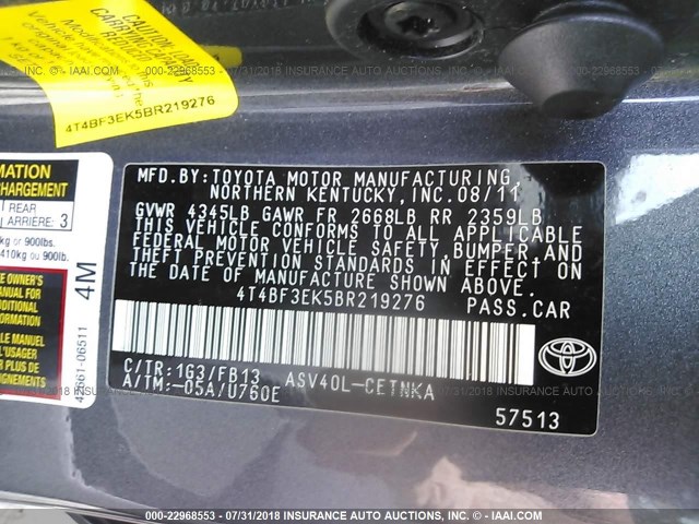 4T4BF3EK5BR219276 - 2011 TOYOTA CAMRY SE/LE/XLE ნაცრისფერი ფოტო 9