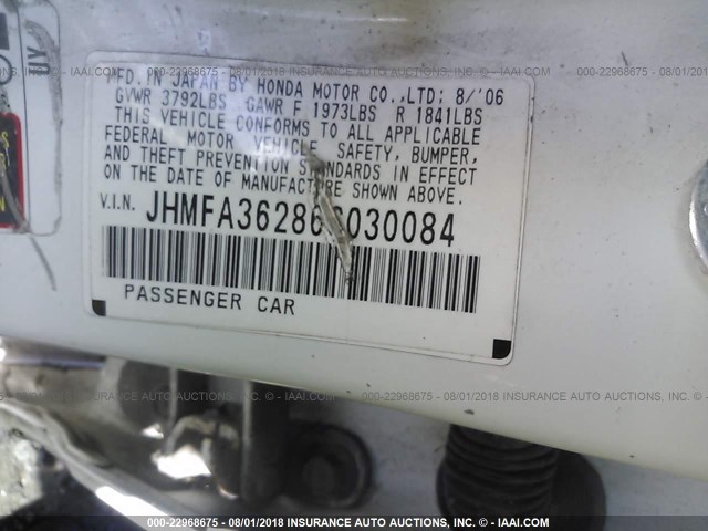 JHMFA36286S030084 - 2006 HONDA CIVIC HYBRID WHITE photo 9